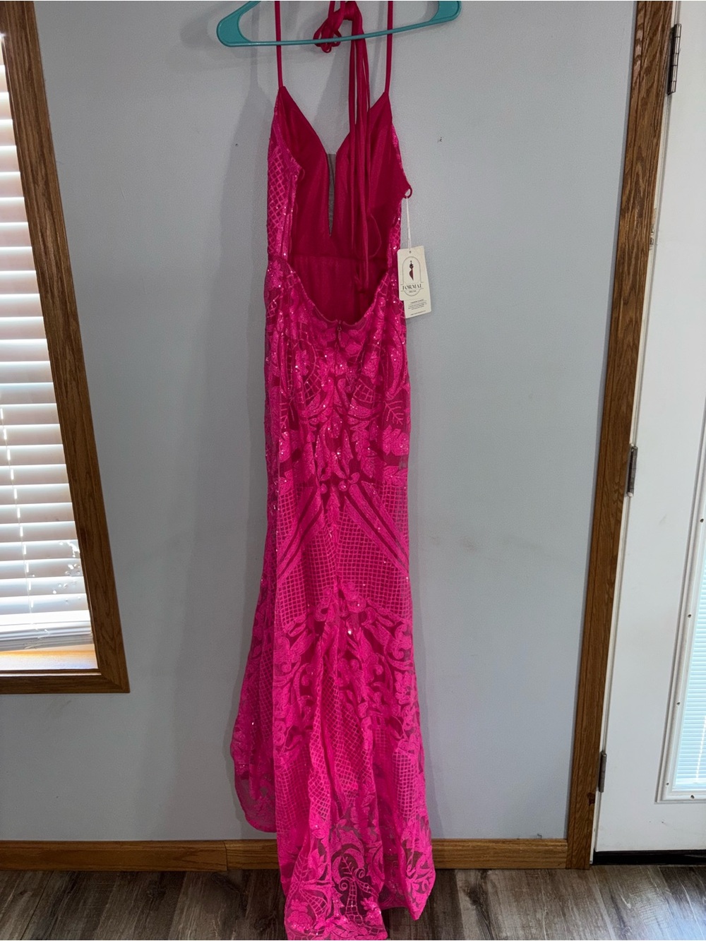 Hot Pink Sequin Halter Evening Gown - Picture 4 of 4